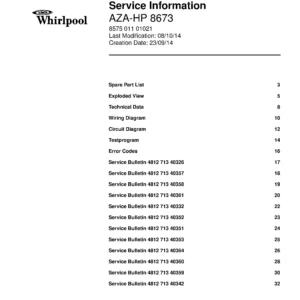 Whirlpool aza hp 8673 service manual cover dryer type and model code, publication date and manual contents