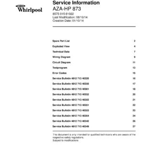 Whirlpool aza hp 873 service manual cover dryer type and model code, publication date and manual contents