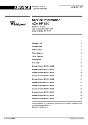 Whirlpool aza hp 880 service manual cover with photo of the refrigerator, model type and code and manual contents