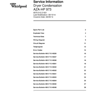 Whirlpool aza hp 973 service manual cover dryer type and model code, publication date and manual contents