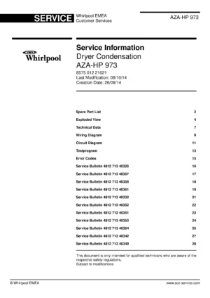 Whirlpool aza hp 973 service manual cover with photo of the refrigerator, model type and code and manual contents