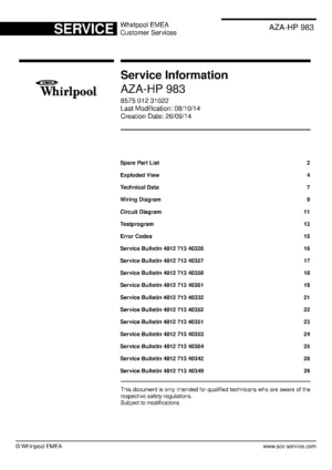 Whirlpool aza hp 983 service manual cover with photo of the refrigerator, model type and code and manual contents