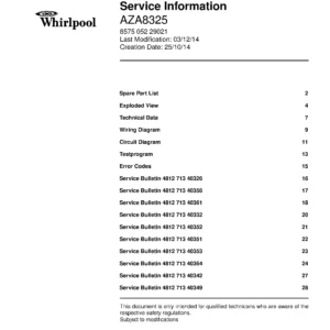 Whirlpool aza8325 service manual cover dryer type and model code, publication date and manual contents