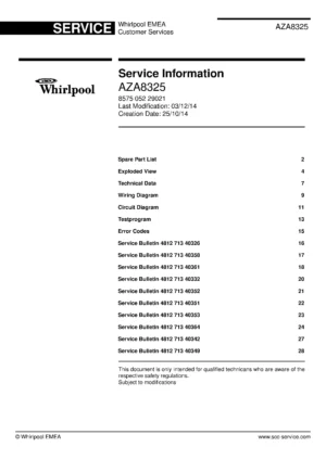 Whirlpool aza8325 service manual cover with photo of the refrigerator, model type and code and manual contents