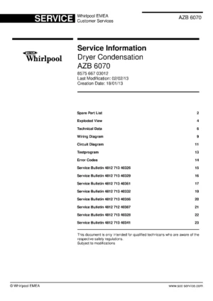 Whirlpool azb 6070 service manual cover with photo of the refrigerator, model type and code and manual contents