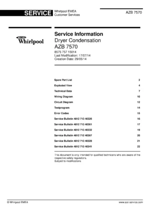 Whirlpool azb 7570 service manual cover with photo of the refrigerator, model type and code and manual contents