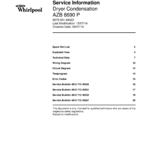 Whirlpool azb 8690 p service manual cover dryer type and model code, publication date and manual contents