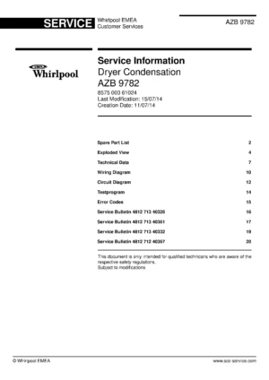 Whirlpool azb 9782 service manual cover with photo of the refrigerator, model type and code and manual contents