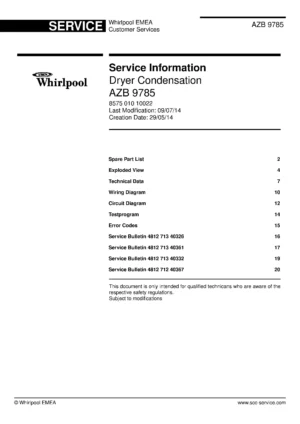 Whirlpool azb 9785 service manual cover with photo of the refrigerator, model type and code and manual contents