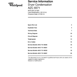 Whirlpool azc 6571 service manual cover dryer type and model code, publication date and manual contents
