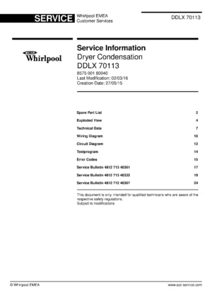 Whirlpool ddlx 70113 service manual cover with photo of the refrigerator, model type and code and manual contents