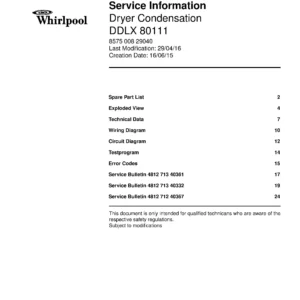 Whirlpool ddlx 80111 service manual cover dryer type and model code, publication date and manual contents