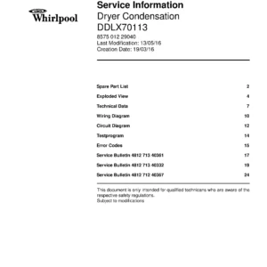 Whirlpool ddlx70113 service manual cover dryer type and model code, publication date and manual contents