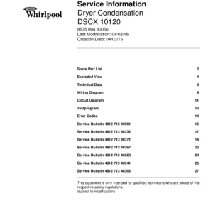 Whirlpool dscx 10120 service manual cover dryer type and model code, publication date and manual contents
