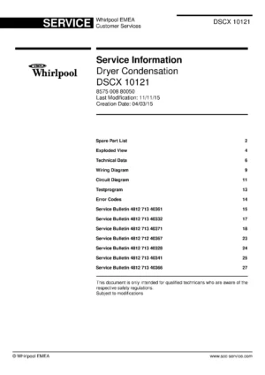 Whirlpool dscx 10121 service manual cover with photo of the refrigerator, model type and code and manual contents
