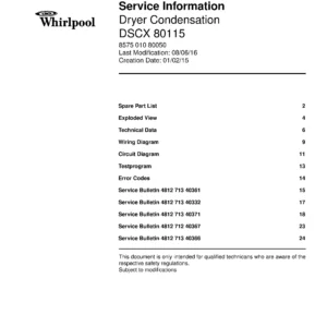 Whirlpool dscx 80115 service manual cover dryer type and model code, publication date and manual contents
