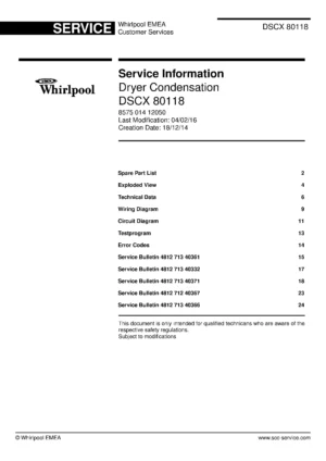 Whirlpool dscx 80118 service manual cover with photo of the refrigerator, model type and code and manual contents