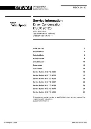Whirlpool dscx 90120 service manual cover with photo of the refrigerator, model type and code and manual contents