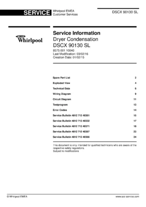 Whirlpool dscx 90130 sl service manual cover with photo of the refrigerator, model type and code and manual contents
