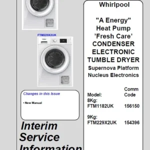 Whirlpool ft m22 9x2 uk ft m1182 uk service manual cover dryer type and model code, publication date and manual contents