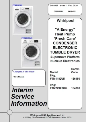 Whirlpool ft m22 9x2 uk ft m1182 uk service manual cover with photo of the refrigerator, model type and code and manual contents