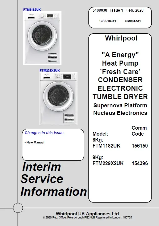 Whirlpool ft m22 9x2 uk ft m1182 uk service manual cover dryer type and model code, publication date and manual contents