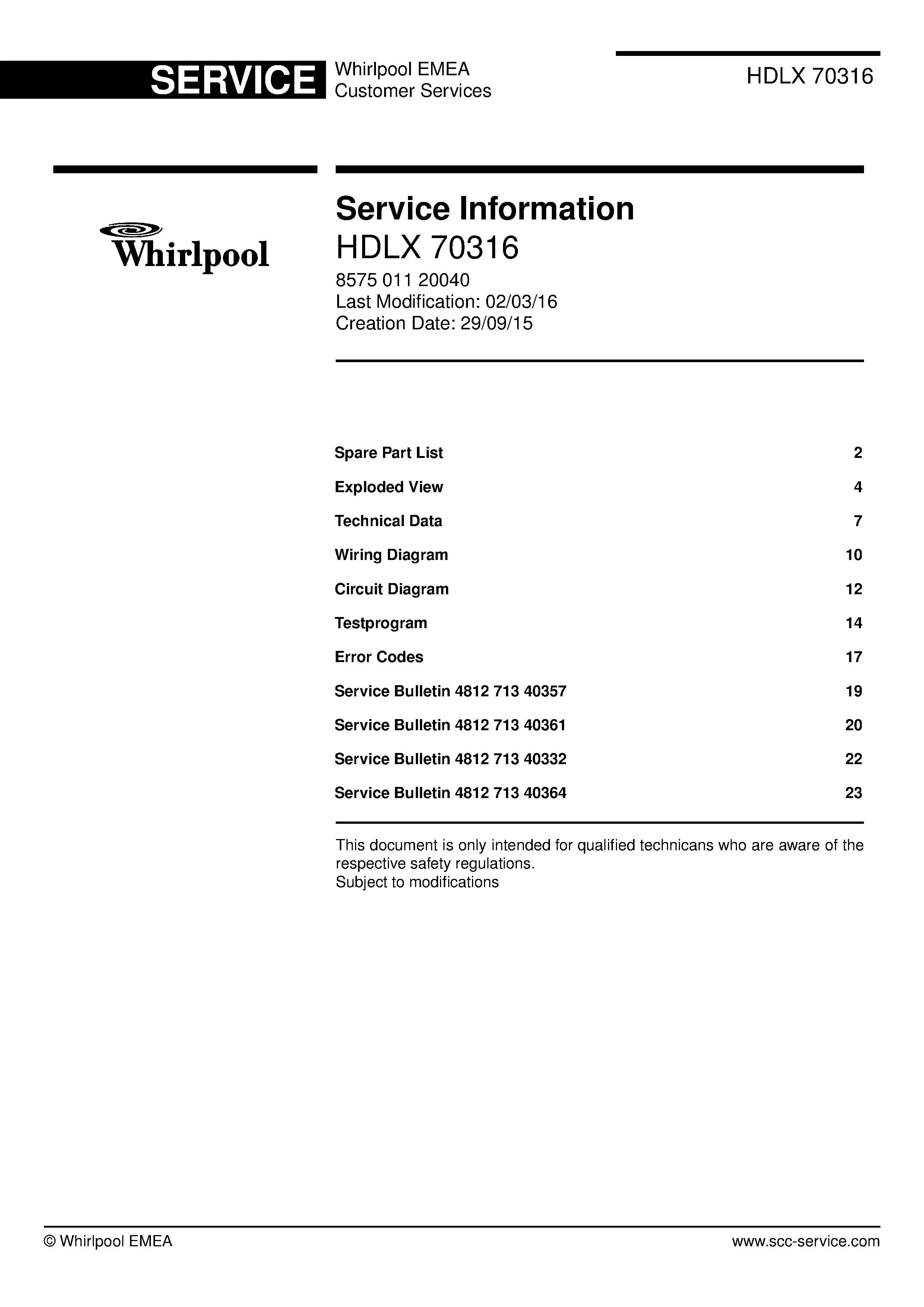 Whirlpool hdlx 70316 service manual cover dryer type and model code, publication date and manual contents