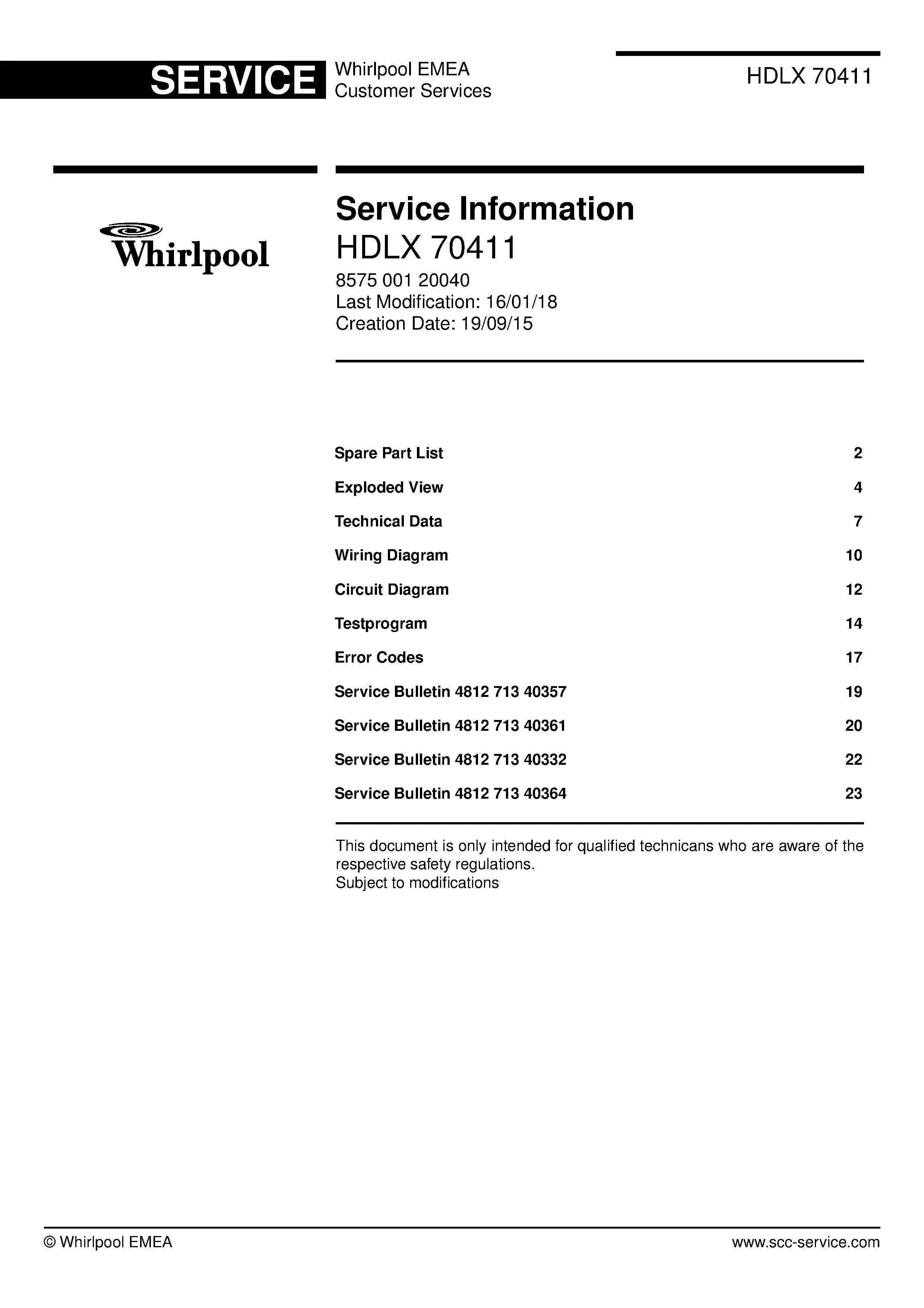 Whirlpool hdlx 70411 service manual cover with photo of the refrigerator, model type and code and manual contents