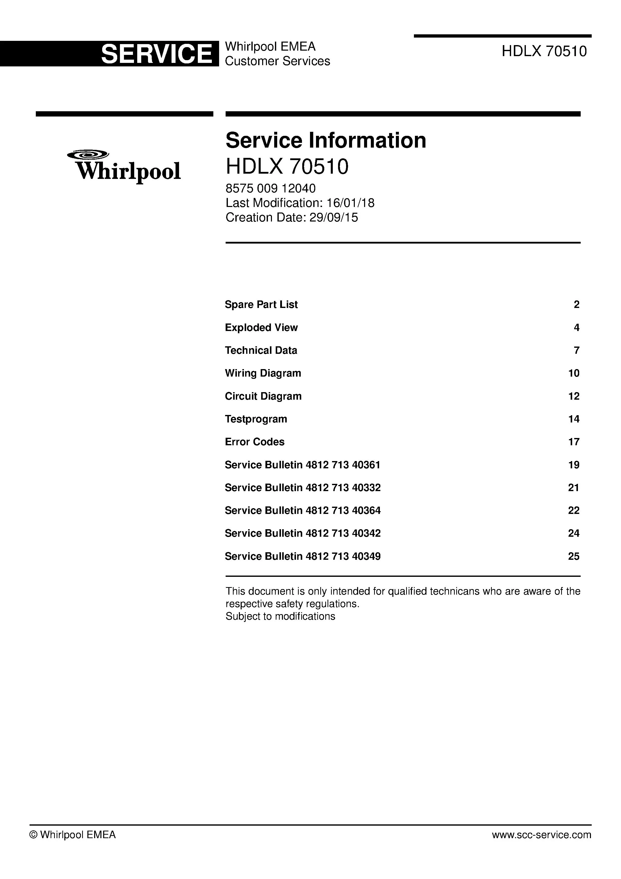 Whirlpool hdlx 70510 service manual cover with photo of the refrigerator, model type and code and manual contents
