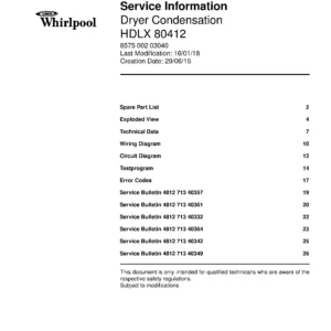 Whirlpool hdlx 80412 service manual cover dryer type and model code, publication date and manual contents
