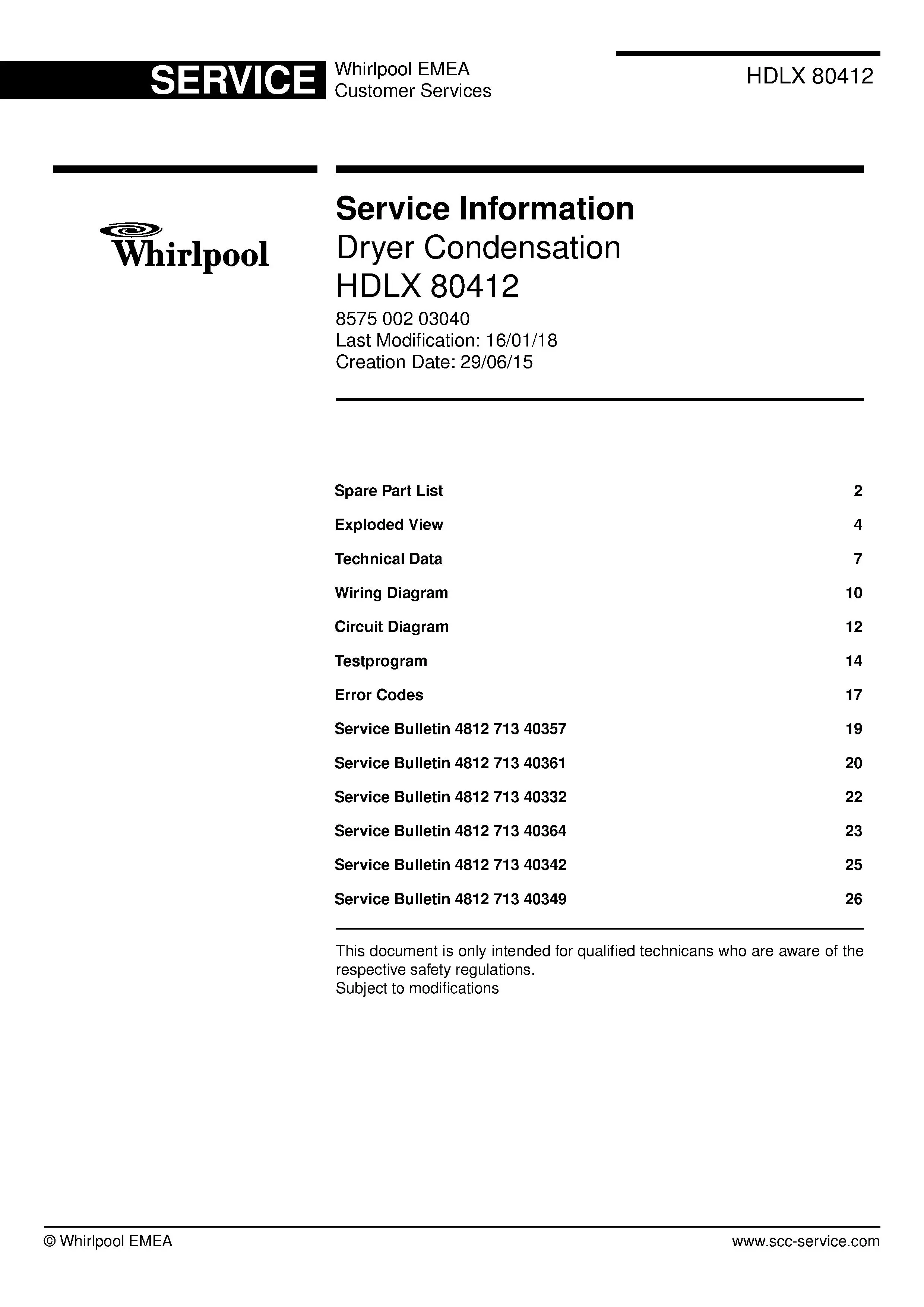 Whirlpool hdlx 80412 service manual cover dryer type and model code, publication date and manual contents