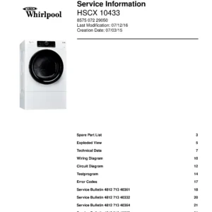Whirlpool hscx 10433 service manual cover dryer type and model code, publication date and manual contents