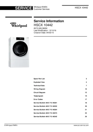 Whirlpool hscx 10442 service manual cover with photo of the refrigerator, model type and code and manual contents