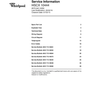 Whirlpool hscx 10444 service manual cover dryer type and model code, publication date and manual contents