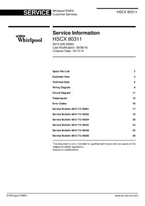 Whirlpool hscx 80311 service manual cover with photo of the refrigerator, model type and code and manual contents