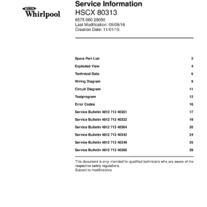 Whirlpool hscx 80313 service manual cover dryer type and model code, publication date and manual contents