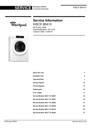 Whirlpool hscx 80410 service manual cover with photo of the refrigerator, model type and code and manual contents