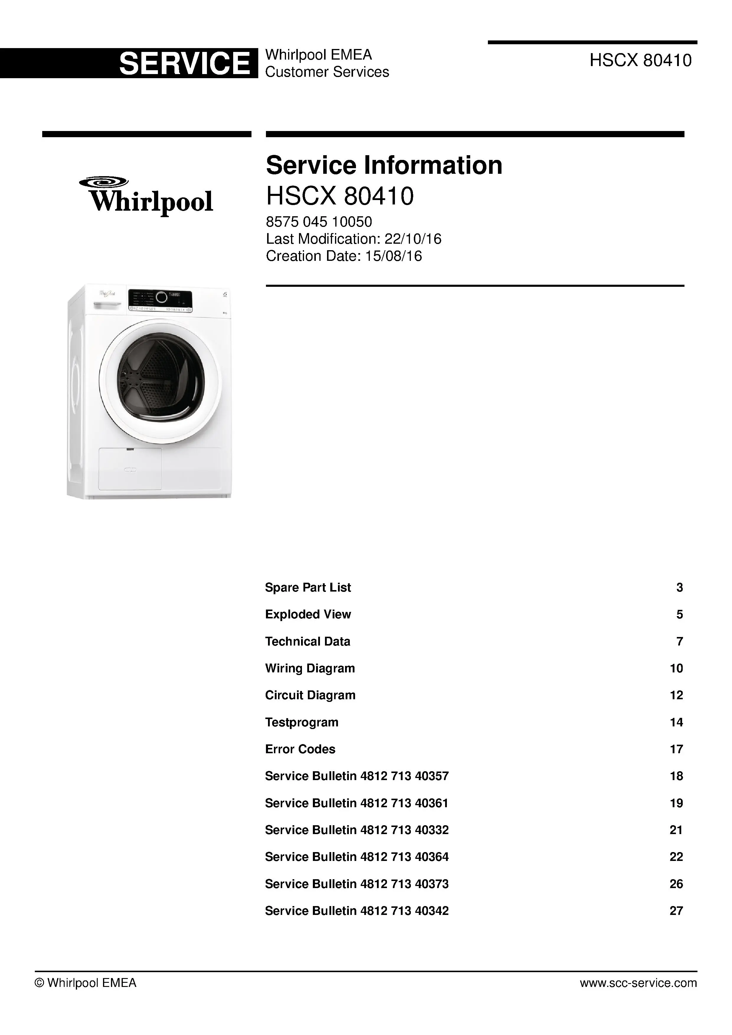Whirlpool hscx 80410 service manual cover dryer type and model code, publication date and manual contents