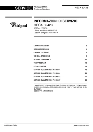 Whirlpool hscx 80423 it service manual cover with photo of the refrigerator, model type and code and manual contents