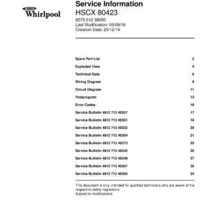 Whirlpool hscx 80423 service manual cover dryer type and model code, publication date and manual contents