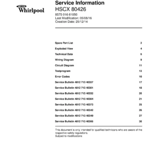Whirlpool hscx 80426 service manual cover dryer type and model code, publication date and manual contents
