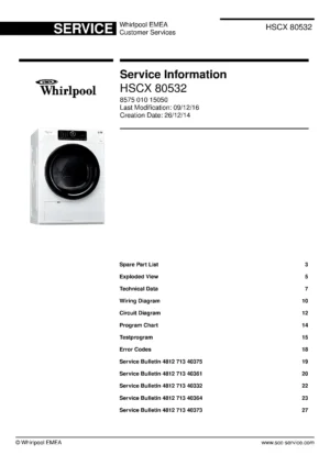Whirlpool hscx 80532 service manual cover with photo of the refrigerator, model type and code and manual contents