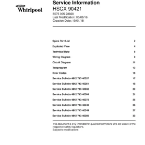 Whirlpool hscx 90421 service manual cover dryer type and model code, publication date and manual contents