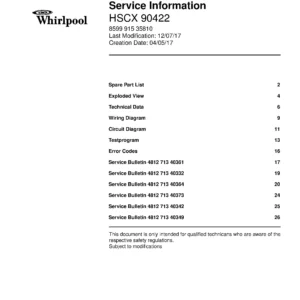 Whirlpool hscx 90422 service manual cover dryer type and model code, publication date and manual contents