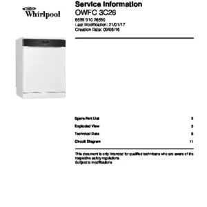 Whirlpool owfc 3c26 service manual cover integrated dishwasher showing service information and table of contents with spare parts list, exploded view, circuit diagram, program chart, test program, error codes, and service bulletins.