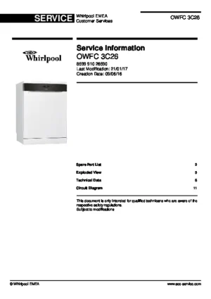 Whirlpool owfc 3c26 service manual cover integrated dishwasher showing service information and table of contents with spare parts list, exploded view, circuit diagram, program chart, test program, error codes, and service bulletins.