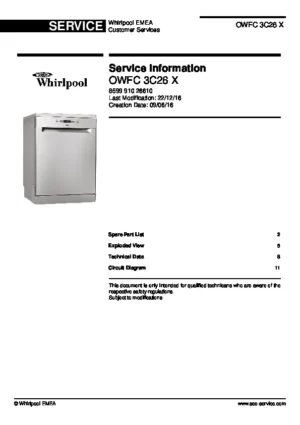 Whirlpool owfc 3c26 x service manual cover integrated dishwasher showing service information and table of contents with spare parts list, exploded view, circuit diagram, program chart, test program, error codes, and service bulletins.