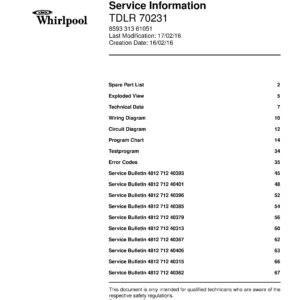 Whirlpool tdlr 70231 service manual cover dryer type and model code, publication date and manual contents