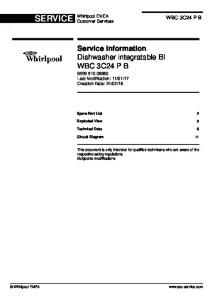 Whirlpool wbc 3c24 p b service manual cover integrated dishwasher showing service information and table of contents with spare parts list, exploded view, circuit diagram, program chart, test program, error codes, and service bulletins.