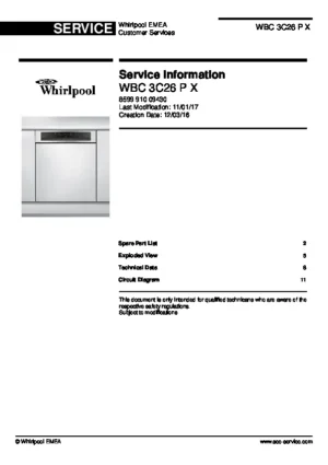 Whirlpool wbc 3c26 p x service manual cover integrated dishwasher showing service information and table of contents with spare parts list, exploded view, circuit diagram, program chart, test program, error codes, and service bulletins.